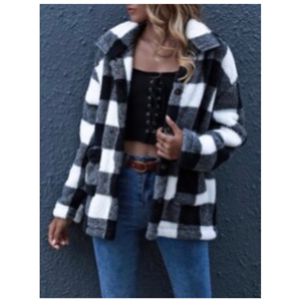 SHEIN Black and White Button Front Gingham Teddy Coat Size L